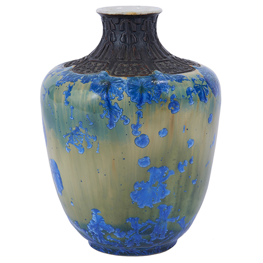 This 4-inch vase with a crystalline floral glaze and carved neck was made by Adelaide Alsop Robineau. Marked with her logo and dated 1919, the work brought $35,600 with premium at Treadway Toomey Auctions in December. Treadway Toomey Auctions image